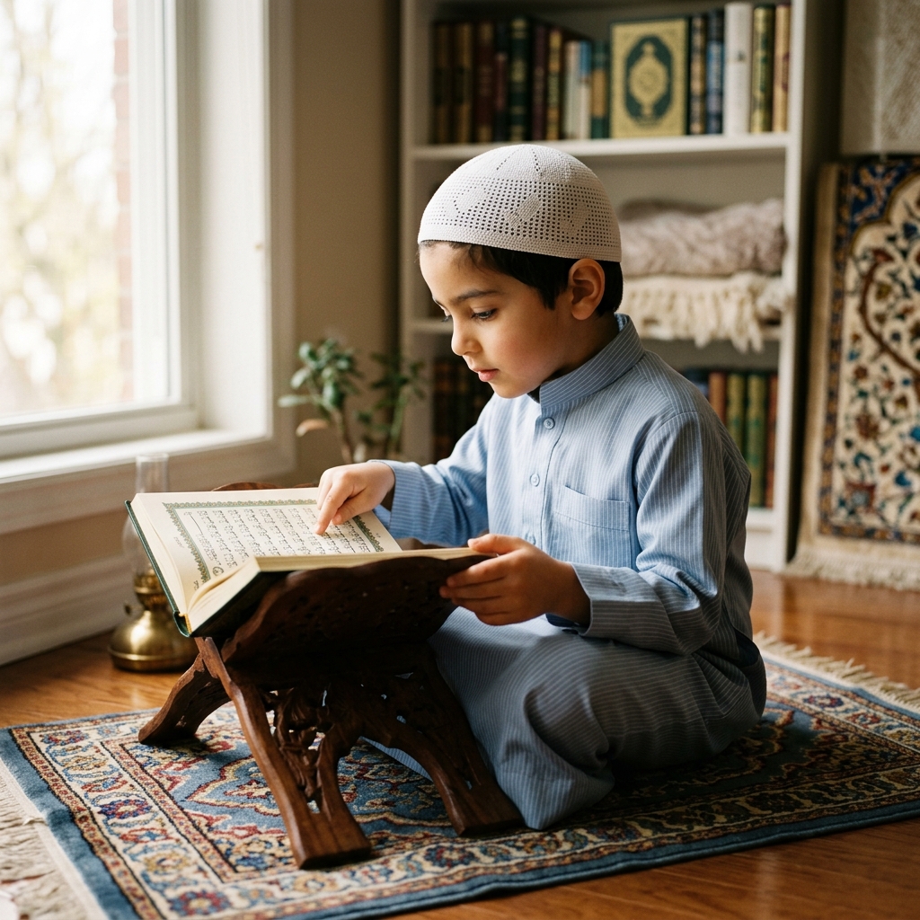Child studying Quran with Tajweed on laptop